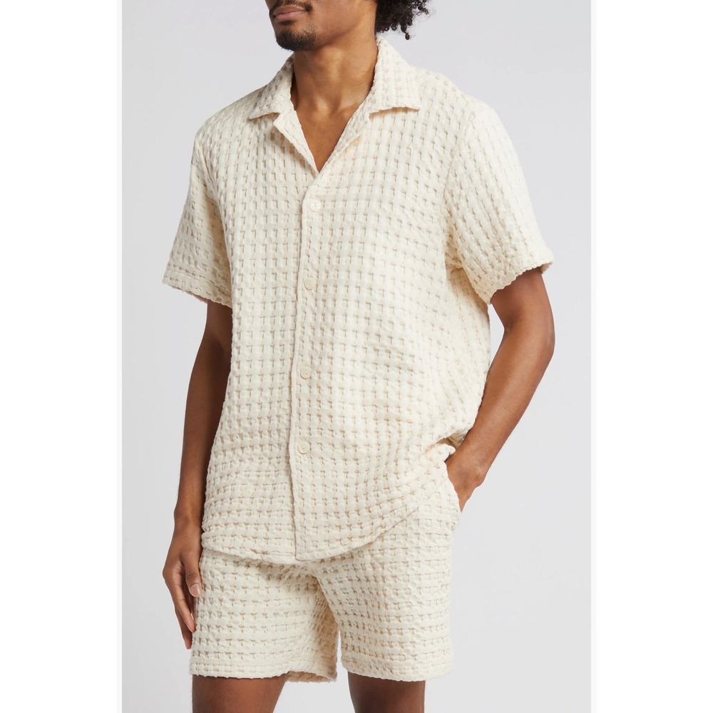 OAS Mens XL Waffle Weave Cotton Short Sleeve Button Down Shirt Cream Portugal